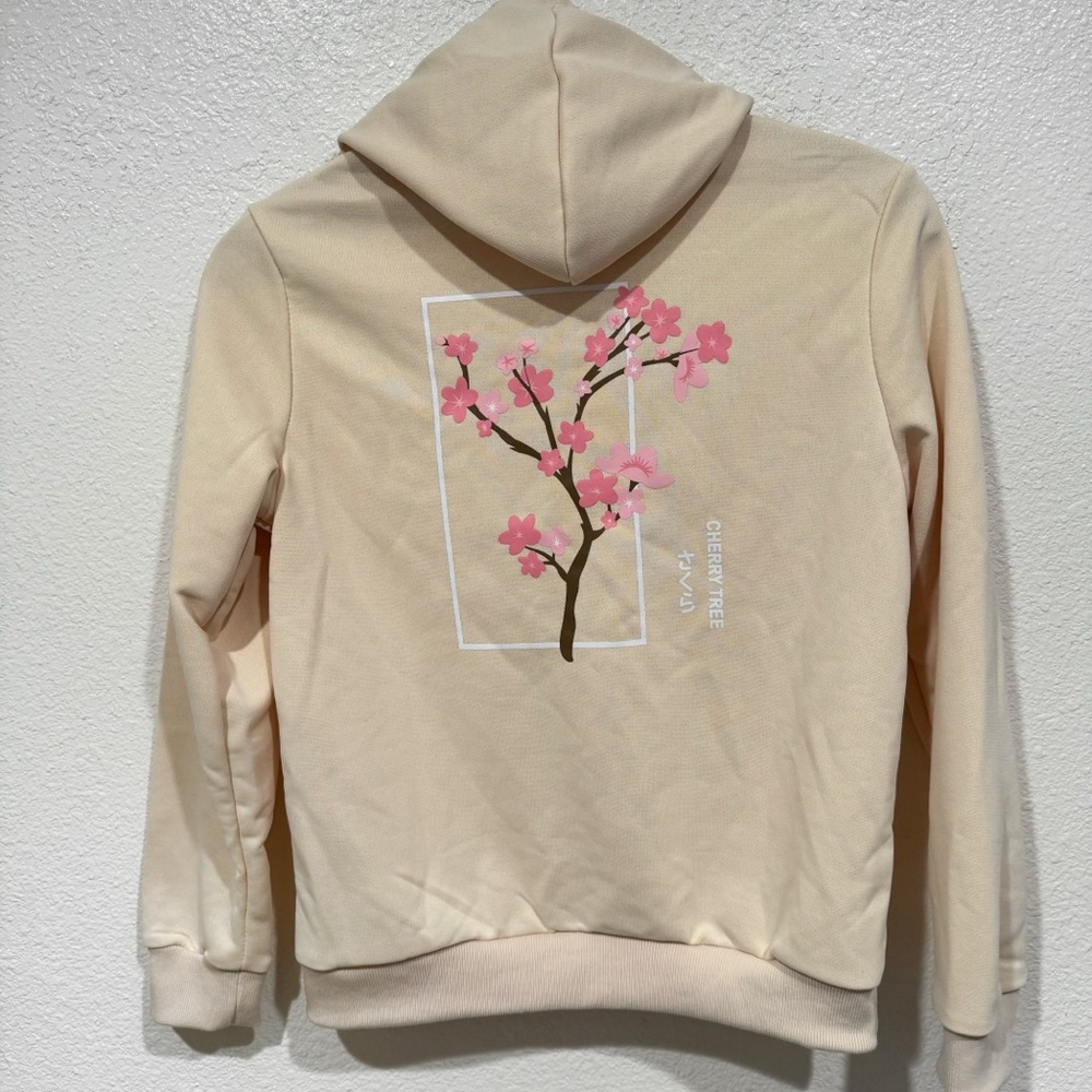 NWOT Kids SHEIN Girls Beige Pink Lune Floral Japanese Letter Graphic Hoodie L